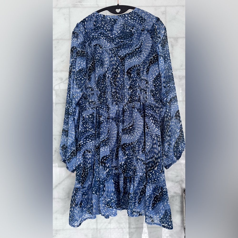 AQUA Blue Multi Print Long Sleeve Tiered Mini Dress Size M NWT - Picture 2 of 8